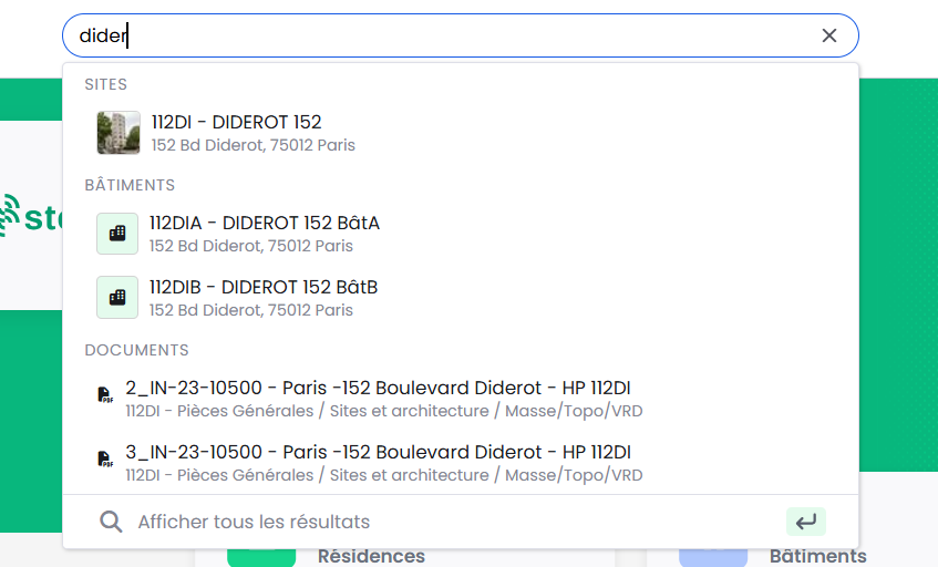 The search dropdown, with its results by type