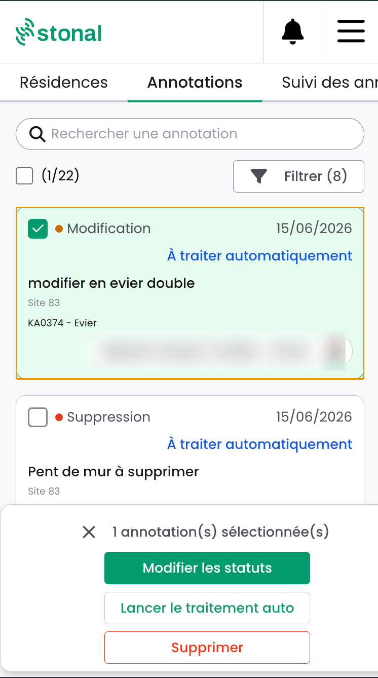 The annotation list and the bulk actions