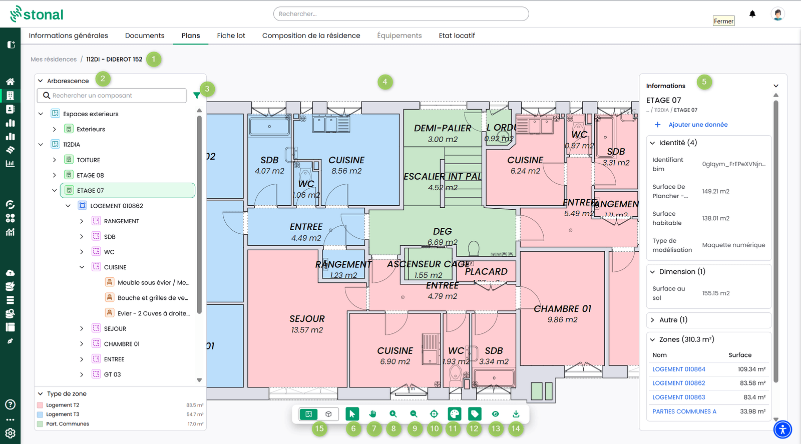 The Plans tab: tree, plan coloured by theme and information panel