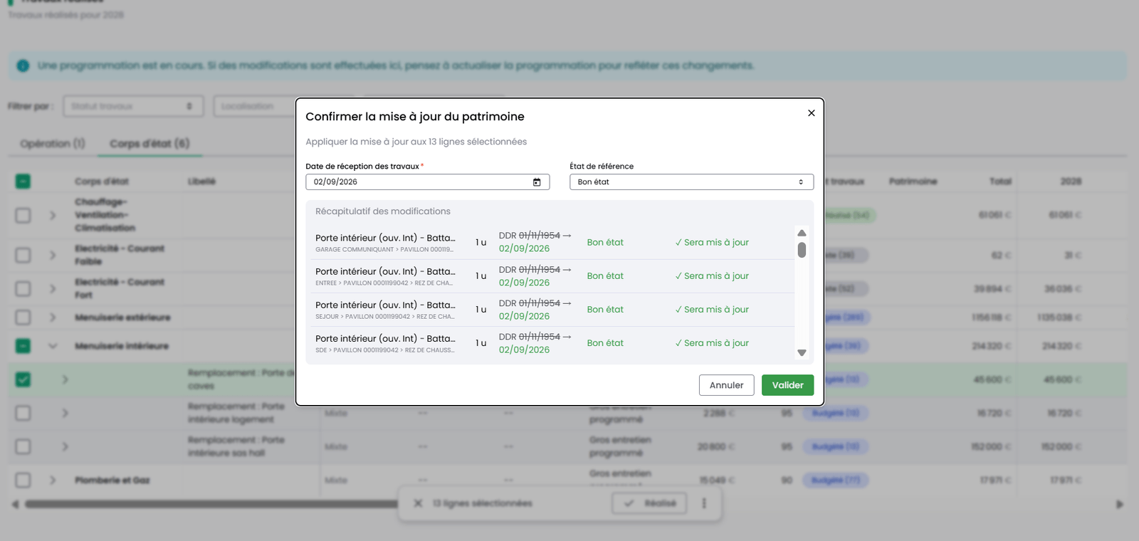 The confirmation dialog, with the before/after completion date summary per component