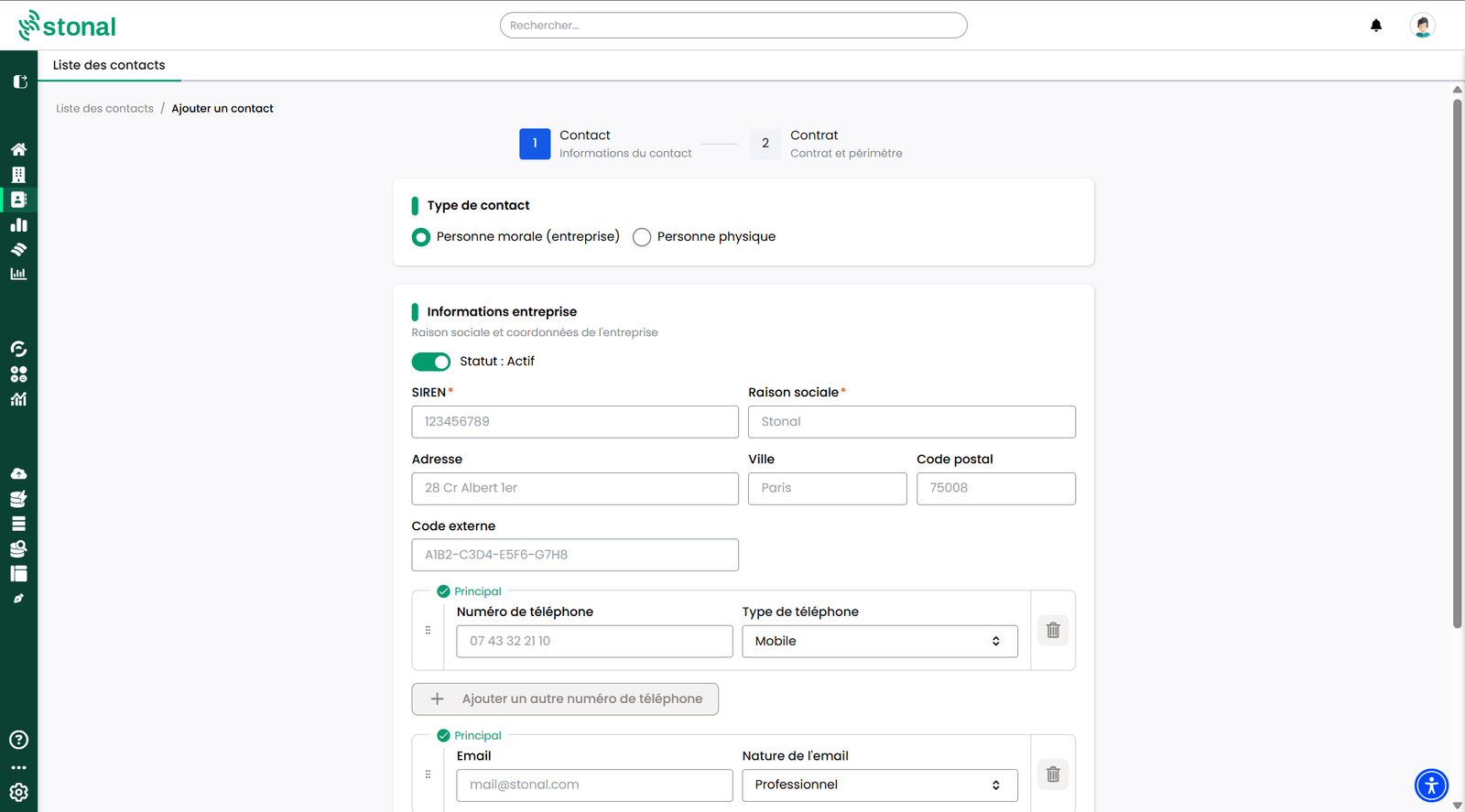 Le formulaire de création d'un contact, étape 1
