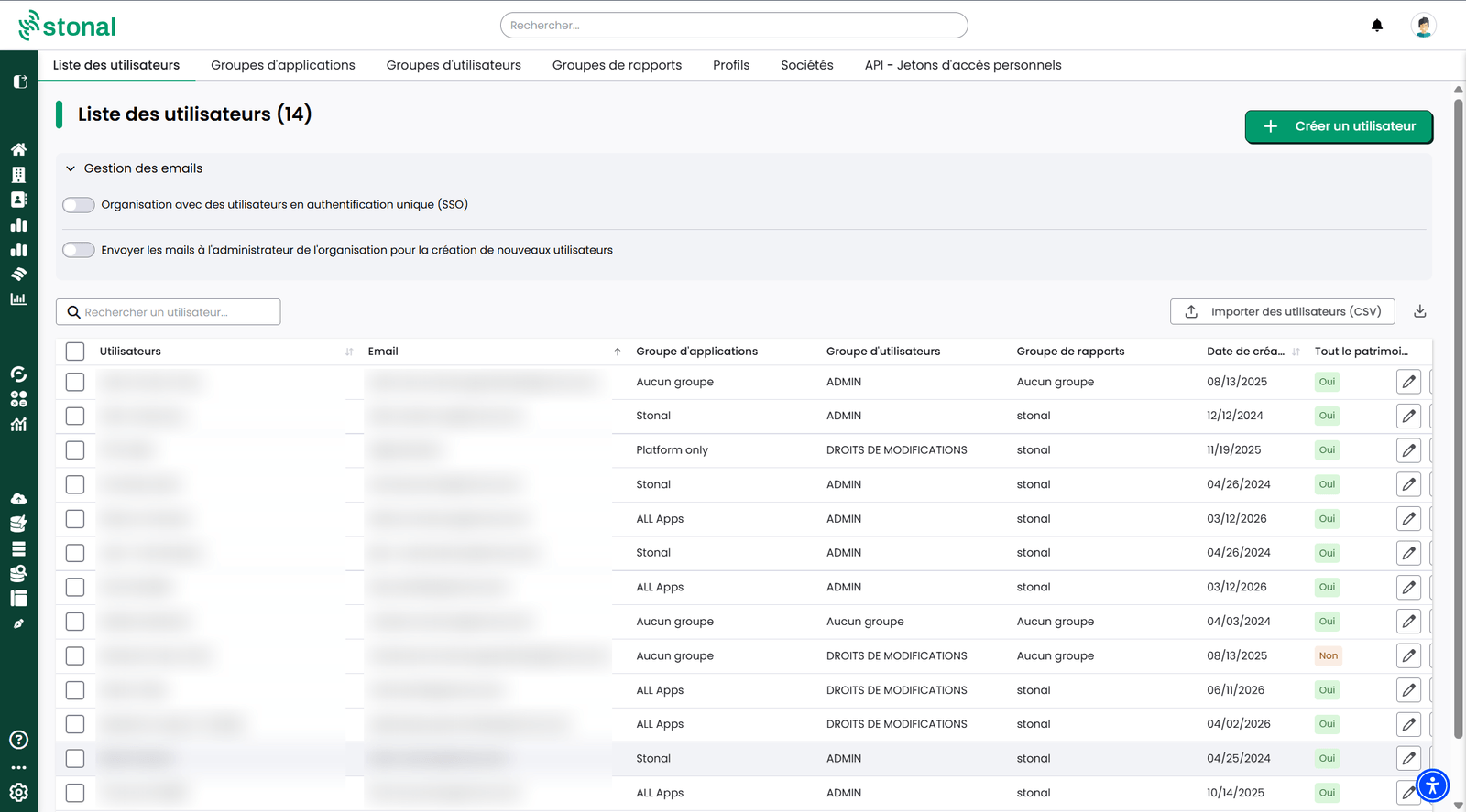 La liste des utilisateurs et la section Gestion des emails
