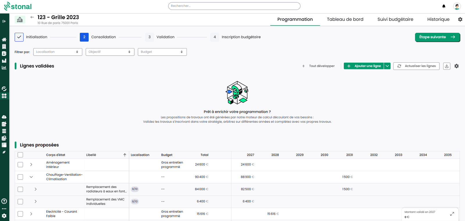 L'écran de programmation d'un plan de travaux, avec ses lignes validées et ses lignes proposées