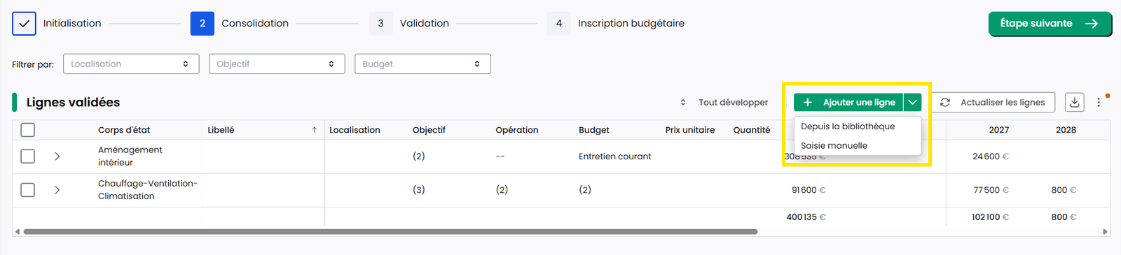 Le menu « Ajouter une ligne » avec ses deux options : depuis la bibliothèque, ou saisie manuelle